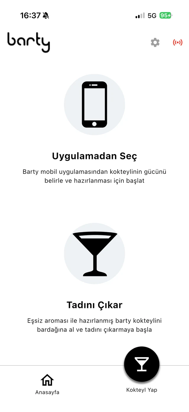 Barty uygulaması — kokteyl yap ekranı