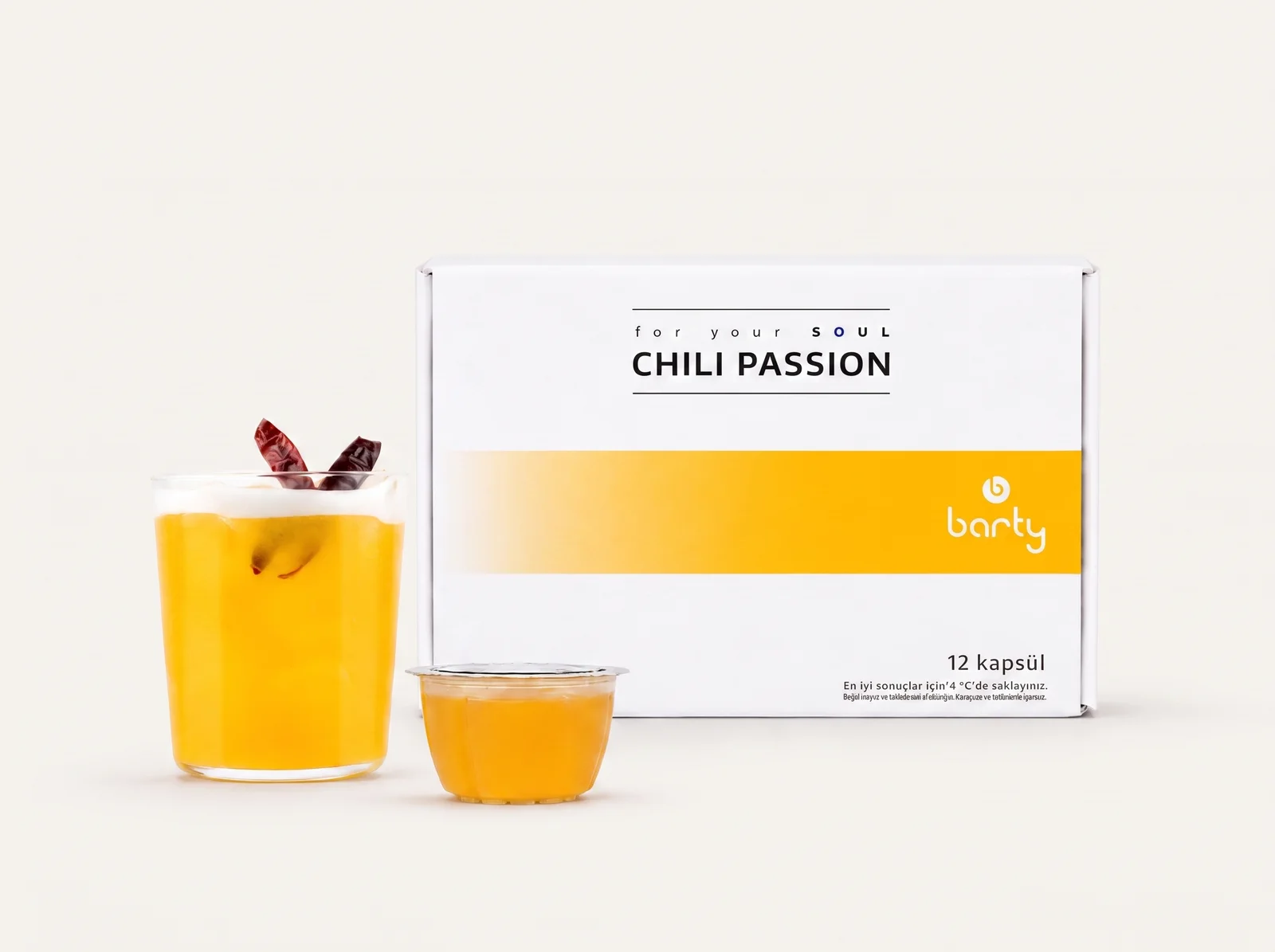 Chili Passion kapsül kutusu ve servis sunumu