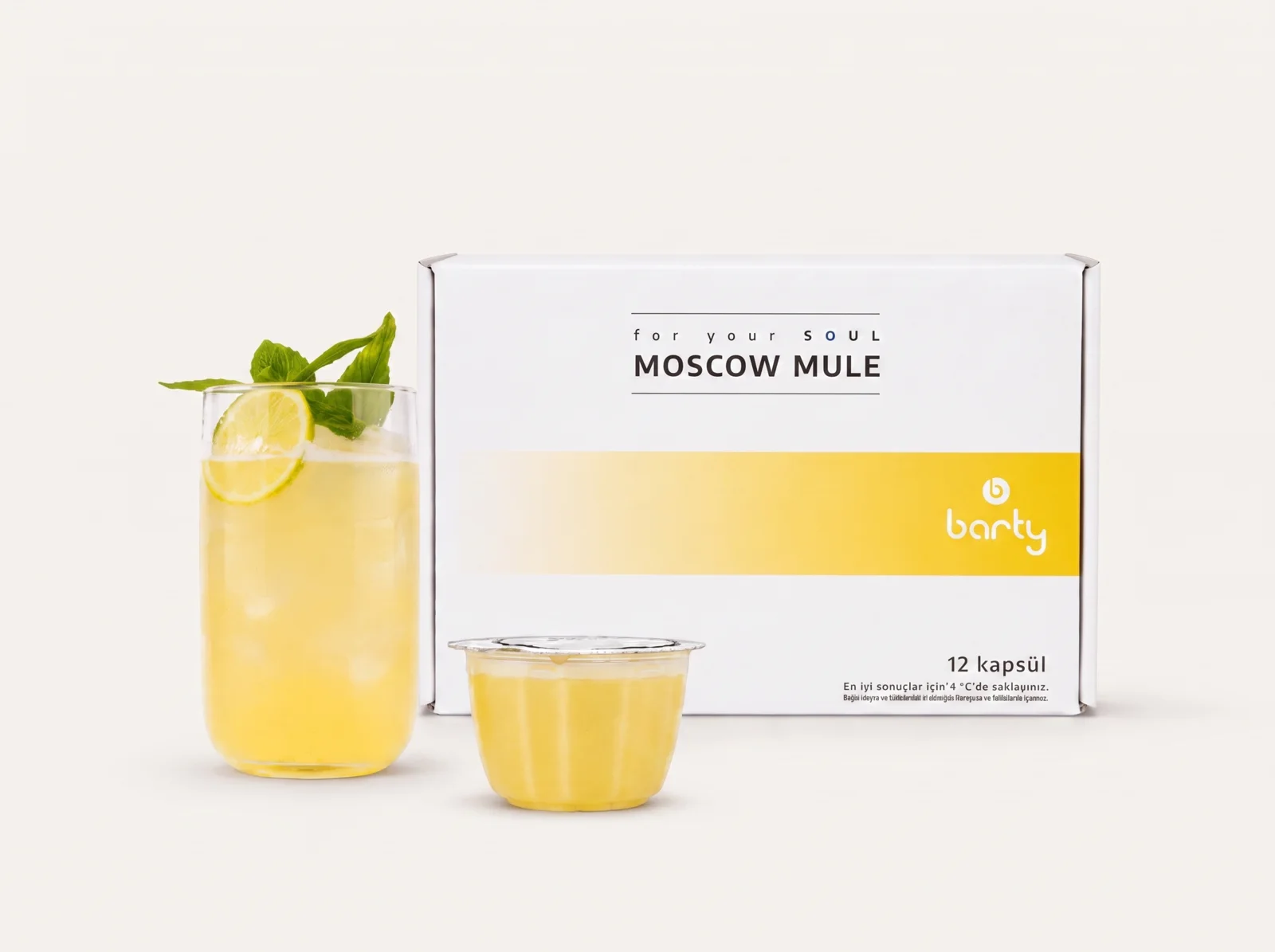 Moscow Mule kapsül kutusu ve servis sunumu