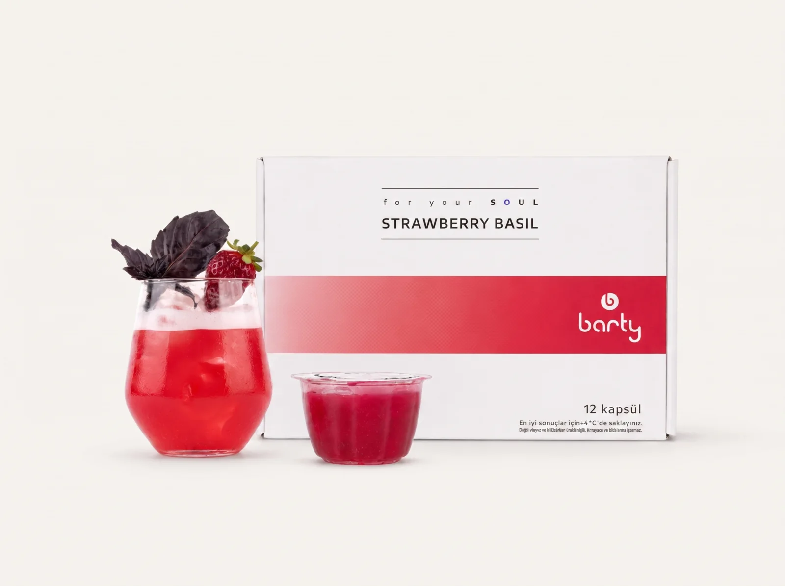 Strawberry Basil kapsül kutusu ve servis sunumu