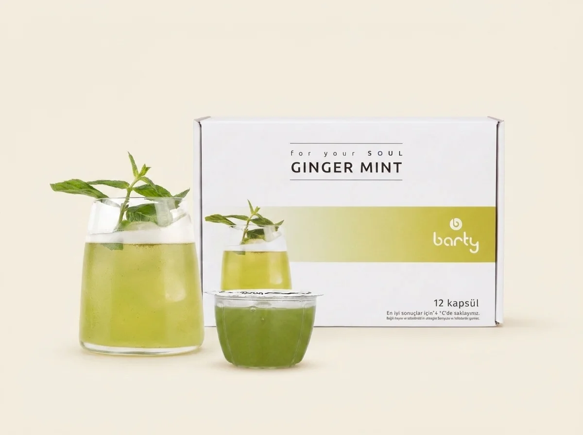 Ginger Mint kapsül kutusu ve servis sunumu